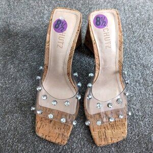 Schutz Lizah Cork Heeled Slides Slippers women's 8.5 Tan